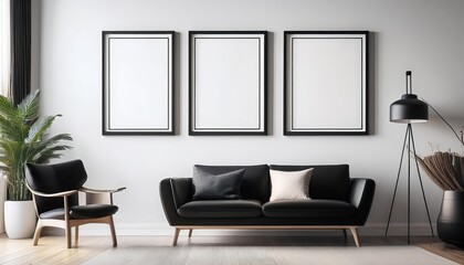 Modern Living Room Design Three Black Frames in Vibrant White Space, Elevating Minimalist Artistry with a Touch of Futuristic Elegance.