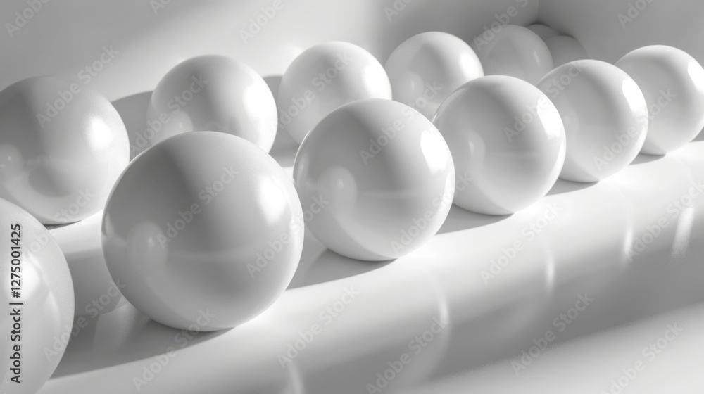 Poster white spheres arranged in line, reflecting light on smooth surface, creating minimalist and modern a