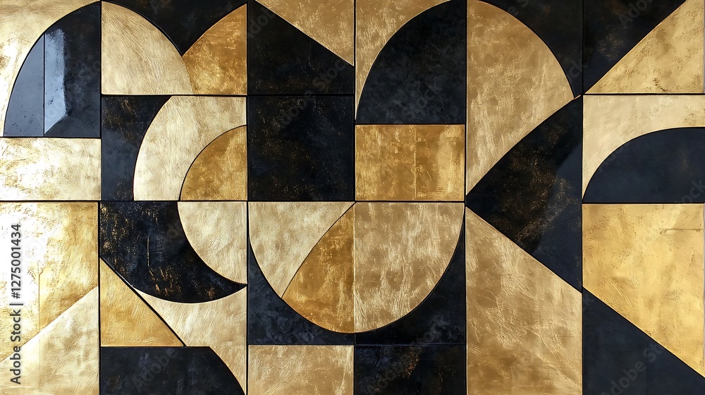 Poster an abstract composition featuring geometric shapes in black and gold tones, creating a visually stri