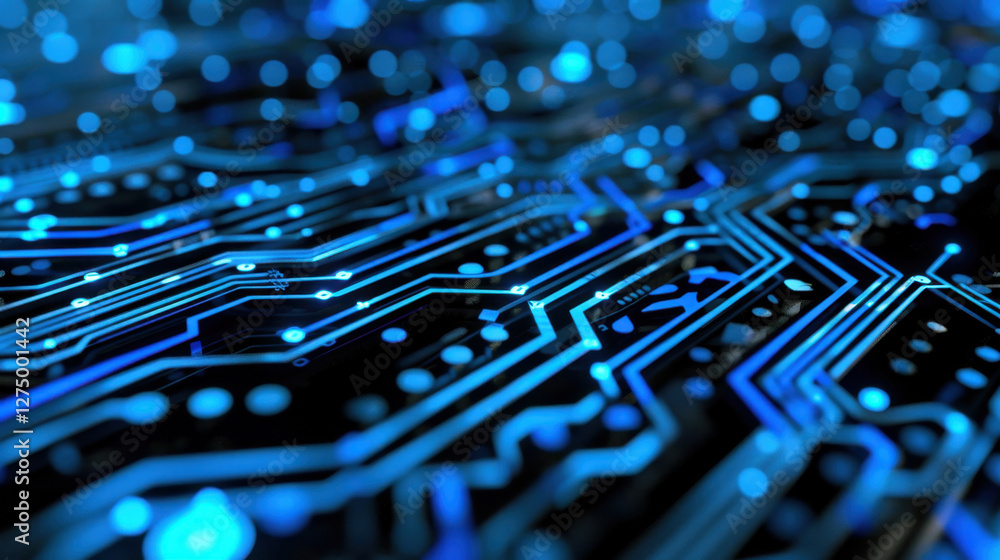 Poster close up of circuit board with glowing blue lines and dots, representing technology and innovation. 