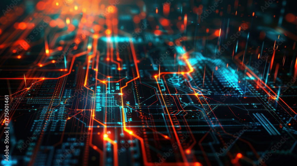 Poster abstract digital circuit board with glowing lines and patterns, showcasing technology and innovation