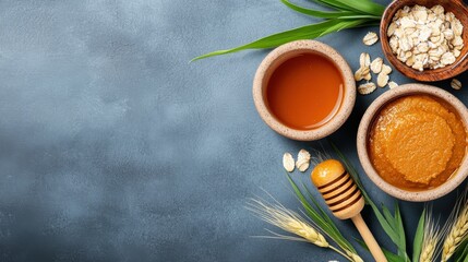 Healthy ingredients in bowls: honey, nut butter, and oats on a stylish kitchen backdrop for wellness and nutrition.