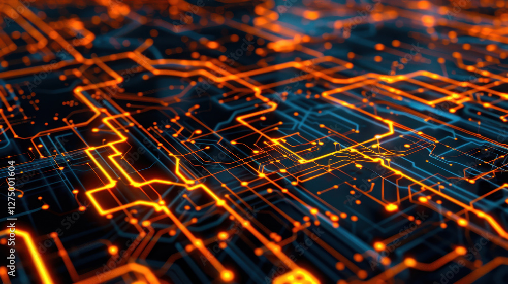 Poster digital circuit board with glowing orange lines and blue background, representing technology and inn