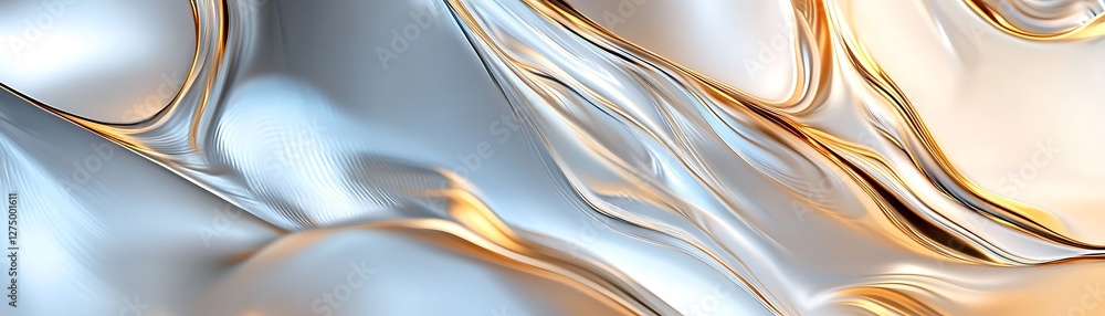 Poster an abstract composition featuring smooth curves and dynamic waves of metallic hues, creating a visua
