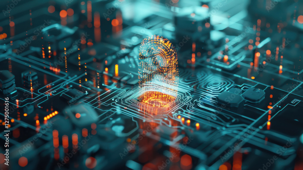 Poster digital fingerprint on circuit board, symbolizing cybersecurity and technology. glowing lines and ci