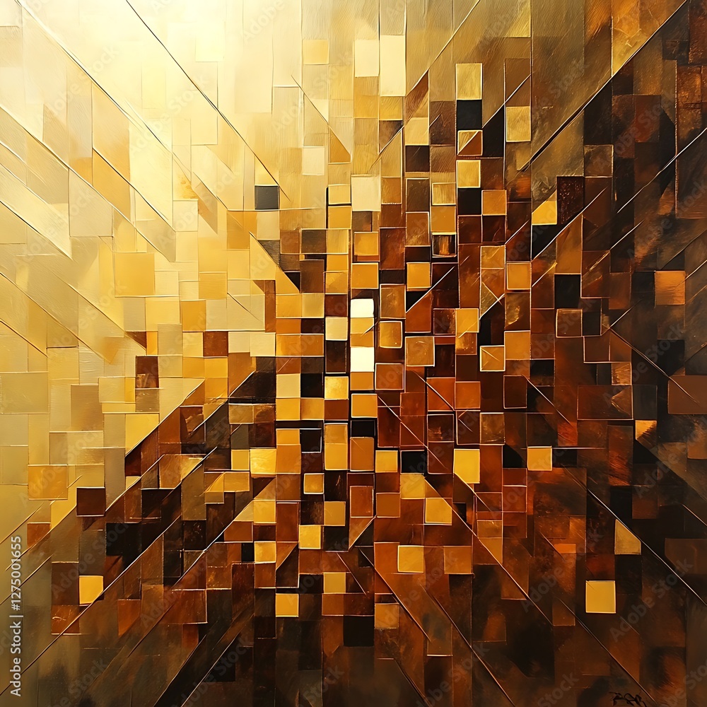 Poster an abstract composition featuring squares in varying shades of gold and brown, creating a dynamic in