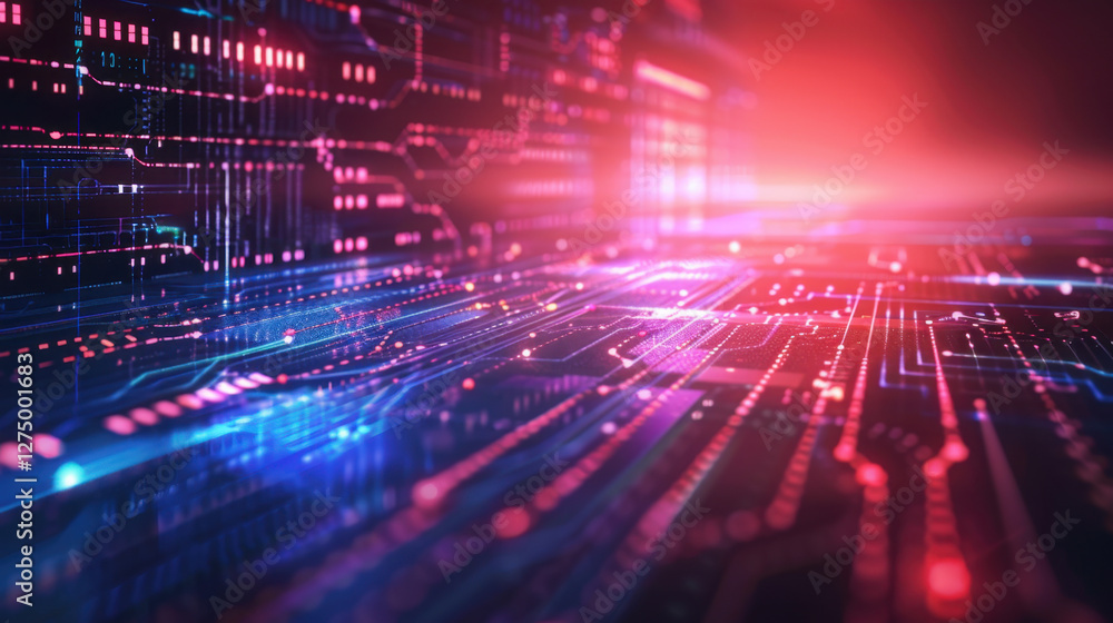 Poster digital circuit board with glowing lines and vibrant colors, representing technology and innovation.