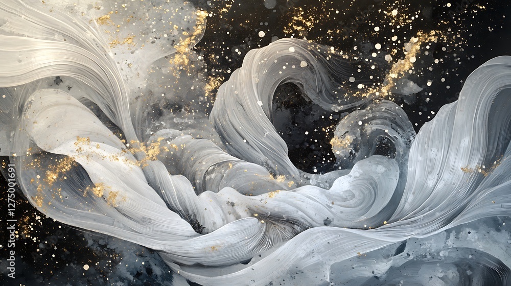 Poster an abstract composition featuring swirling white and gold elements against a dark backdrop, creating