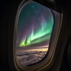 Naklejka premium An airplane window framing a starry night sky with a glowing moon.