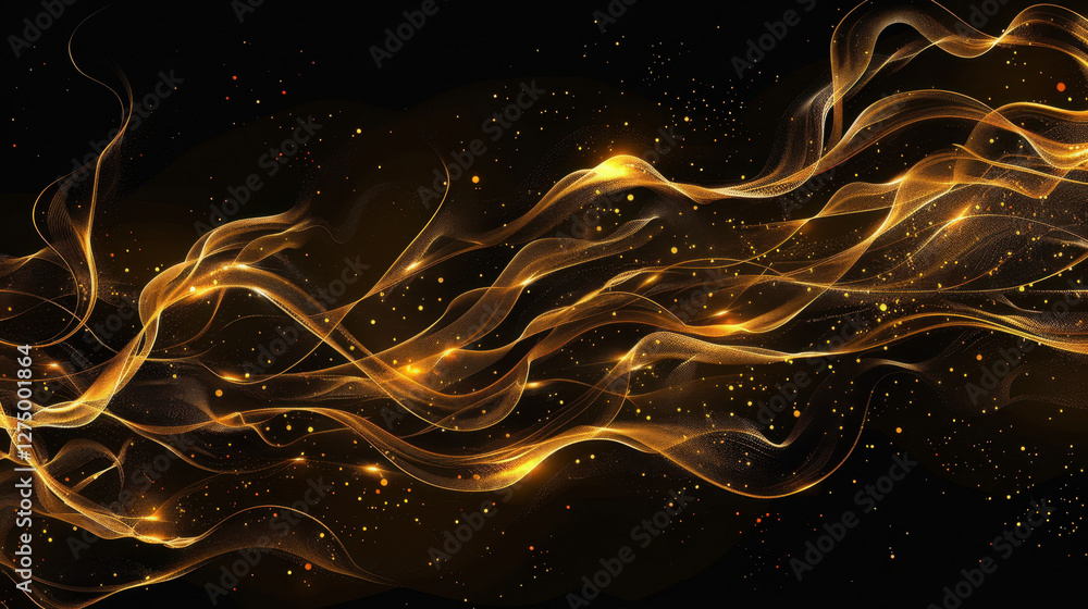 Aufkleber golden flowing waves with sparkling particles on dark background create mesmerizing and elegant visu
