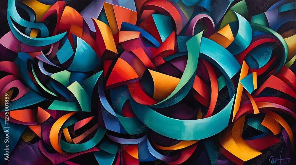 Poster an abstract composition featuring vibrant swirls and geometric shapes in striking colors, creating a