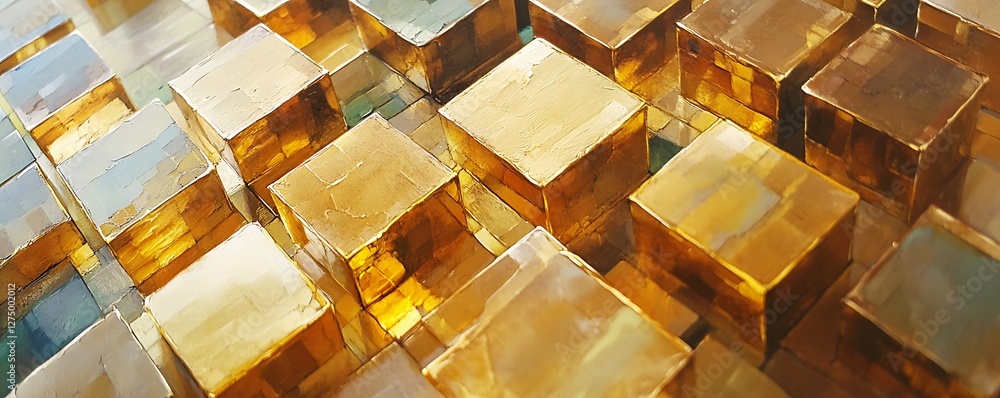 Poster an abstract composition of translucent, golden cubes arranged in a grid-like pattern, reflecting lig