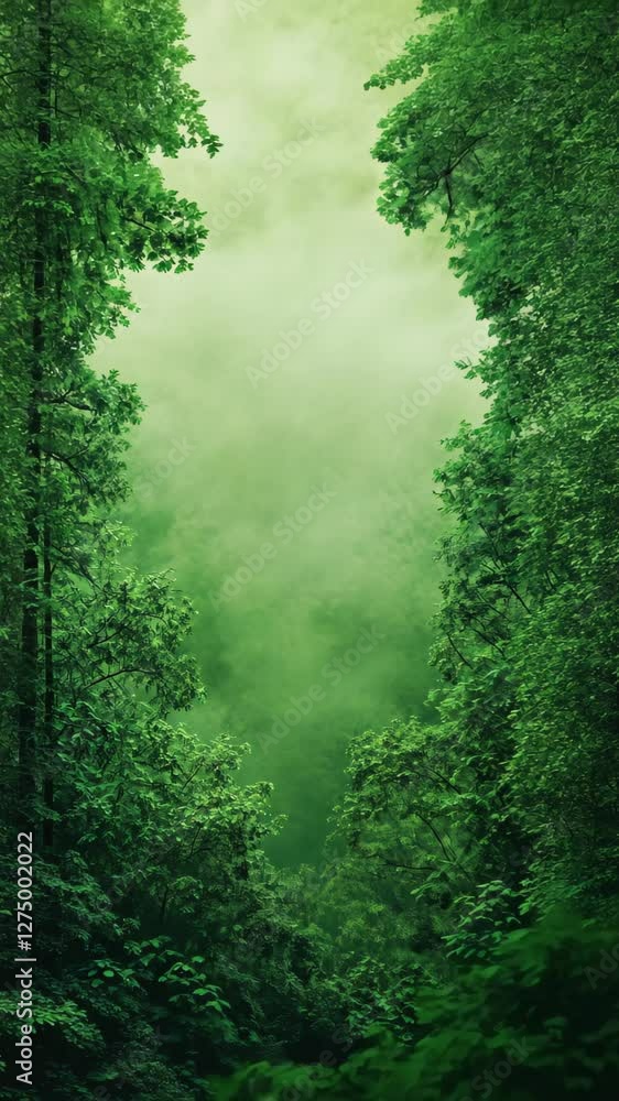 Poster verdant tree canopy under green filter effect in lush forest scene with foliage detail and textured 