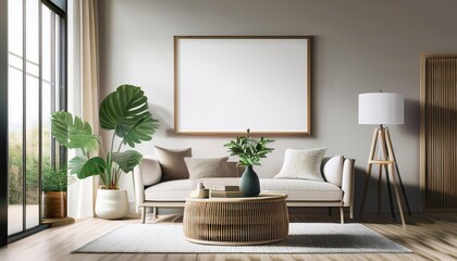 Scandinavian Living Room Interior 3D Frame Mockup Bathed in Warm Nordic Light, Showcasing Minimalist Design Elements and Organic Textures for Digital Art, Home Decor, or Inspiration.