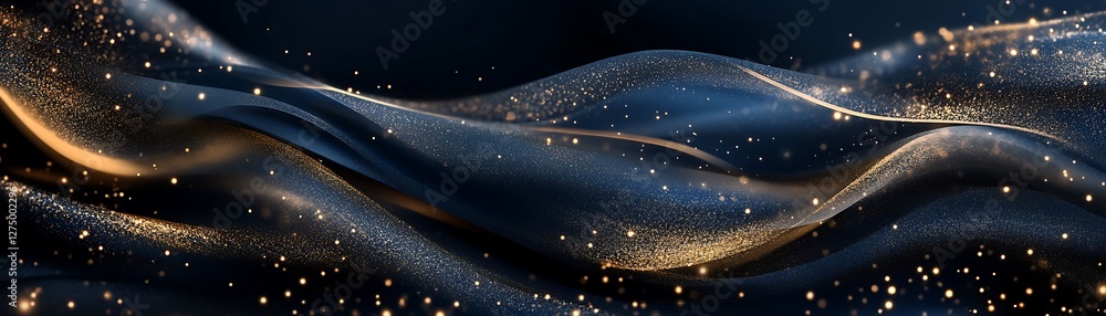 Poster an abstract depiction of flowing waves intertwined with shimmering golden particles against a dark b