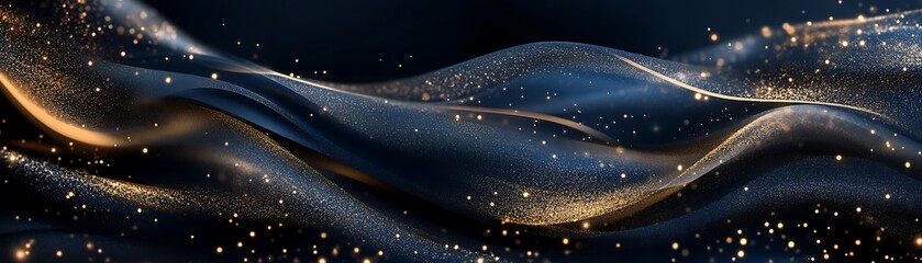 Obraz premium An abstract depiction of flowing waves intertwined with shimmering golden particles against a dark background, creating a mesmerizing and elegant visual effect.