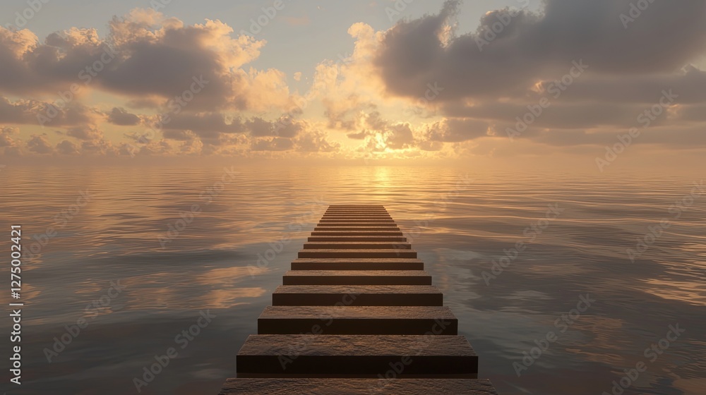 Poster surreal staircase floating into infinity, creating a sense of endless space. copy space.