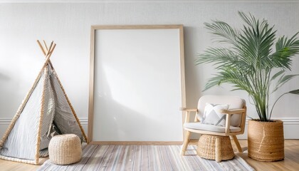 Boho Scandinavian Eco Style Childrens Room Frame Mockup with Eclectic Mix of Textures, Colors and Patterns Creating a Cozy and Inviting Space for Growth and Imagination.