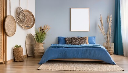 Eclectic Boho Style Frame Mockup in Interior Showcasing a Blue Bed, Rich Textures, and Artistic Vibrancy