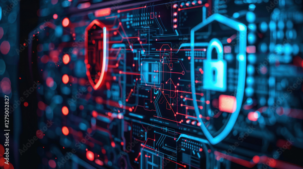 Poster digital security interface with glowing blue and red elements, featuring padlock icons and circuit p