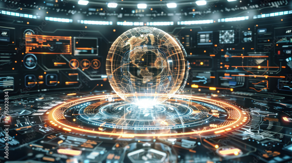 Poster futuristic digital globe surrounded by high tech interfaces and data displays, representing global c
