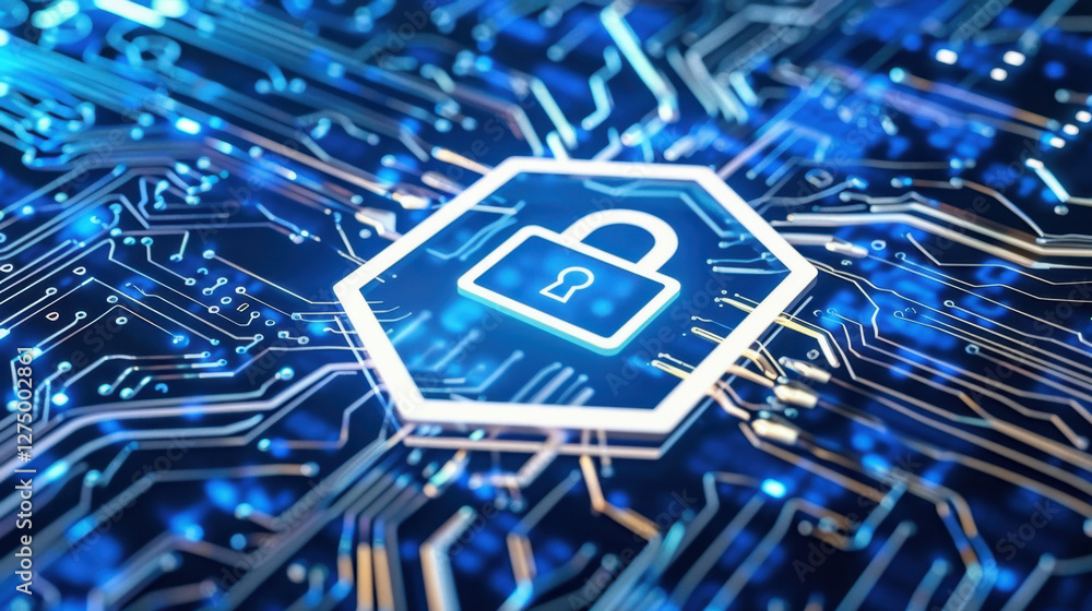 Poster digital security concept with padlock symbol on circuit board background, representing cybersecurity