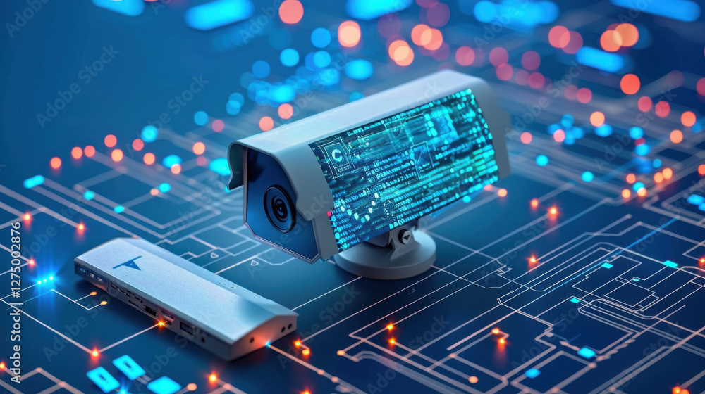 Poster high tech security camera with digital interface on circuit board background, showcasing advanced su