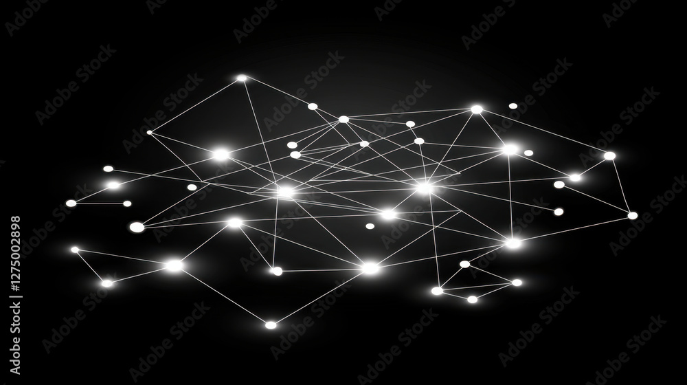 Poster abstract network of glowing nodes and connections on dark background, representing technology and co