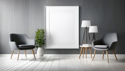 Gray Frame Mockup with White Poster Frame Showcasing Interior Scene in Muted Tones, Exuding a Modern and Minimalist Aesthetic.