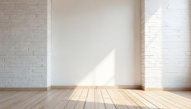 Fototapeta Loft interior with white brick wall and wooden parquet floor. Blank clear wall, sun light mock-up, office or apartment background with empty space. Minimal design.