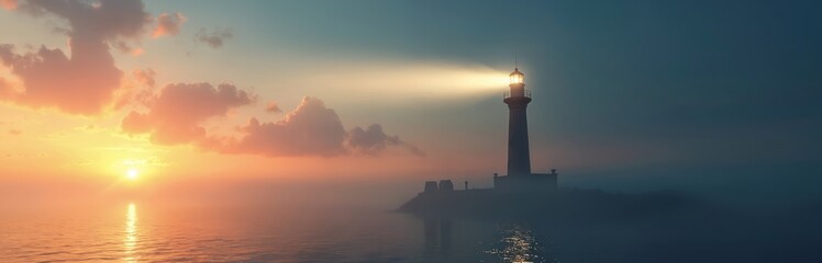 Lighthouse shines over uncharted waters at night. The light symbolizes direction, vision guiding exploration towards future. The image features beacon, calm sea and dramatic sky at sunset.