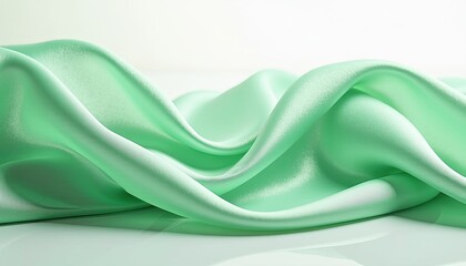 CloseUp of Smooth, Glossy Green Satin Fabric on a White Surface. A close up shot of a green fabric with a white background.