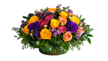 Colorful roses bouquet in decorative box, vibrant flowers arrangement, dark background