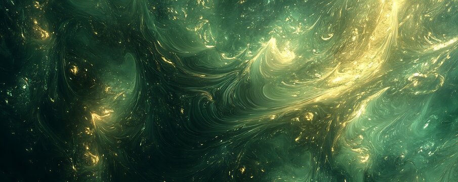 An abstract digital background featuring swirling shades of green and gold, creating a mystical and ethereal atmosphere. Perfect for artistic projects and creative designs.