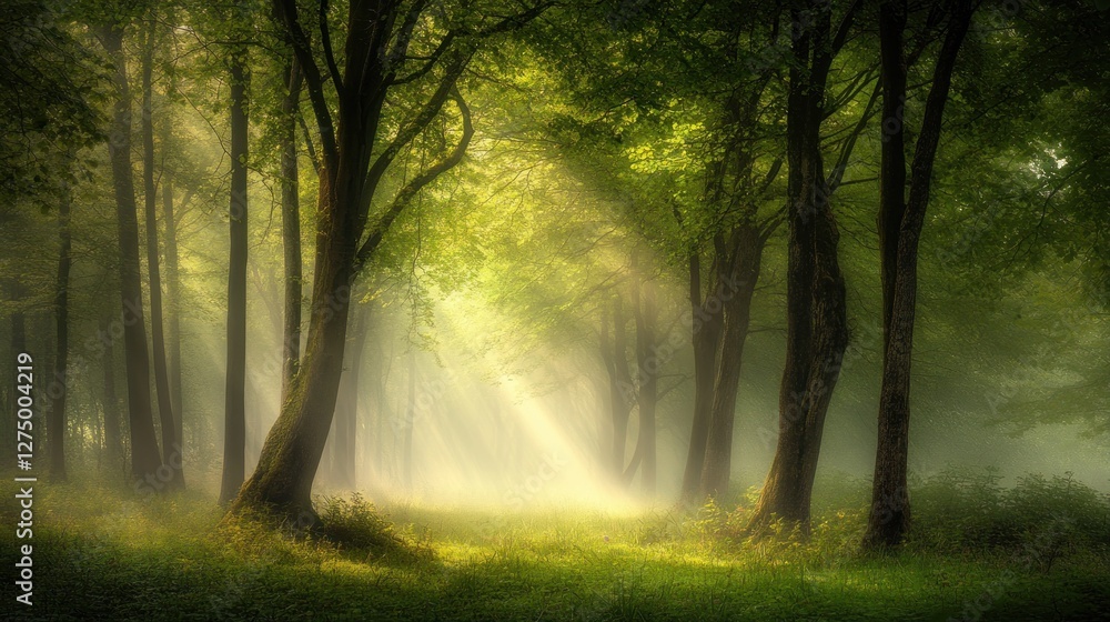 Poster sunbeams illuminate misty forest path through trees