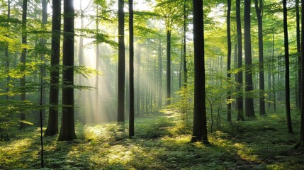 Sunlit Forest Floor Amidst Tall Trees