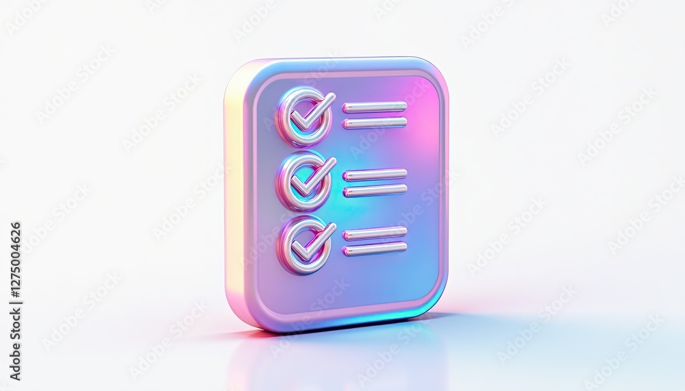 Poster vibrant holographic icon with gradient colors and bold black check mark on white background. a 3d ho
