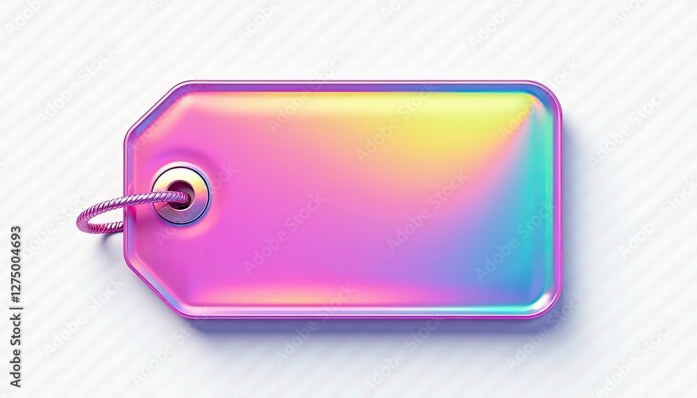 Poster vibrant holographic tag with colorful gradient on white background. a holographic tag with a string 