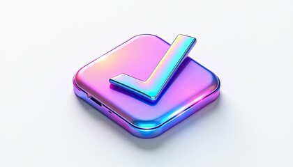 Vibrant Holographic Icon with Bold Neon 'L' on Glossy BluePink Gradient Background. A 3D rendering of a phone with a check mark on it.