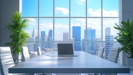 Modern office, city view, meeting table, laptop, plants