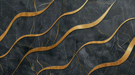 Fototapeta premium Elegant black stone surface with golden wave patterns, showcasing modern design. contrast of dark and gold creates luxurious aesthetic, perfect for interior decor