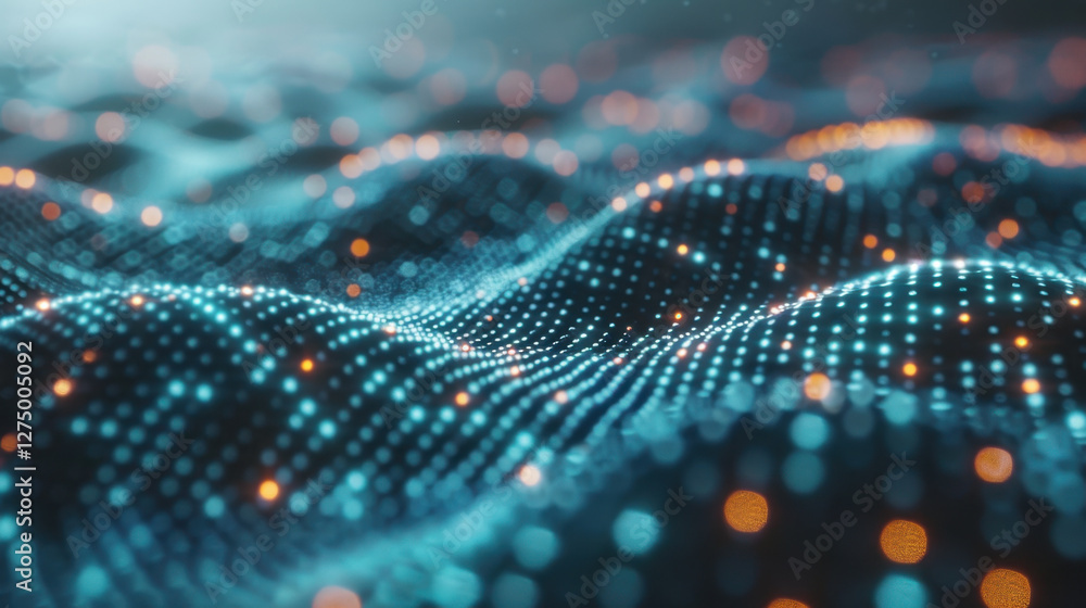 Poster mesmerizing abstract representation of digital waves with glowing dots in blue and orange hues, crea