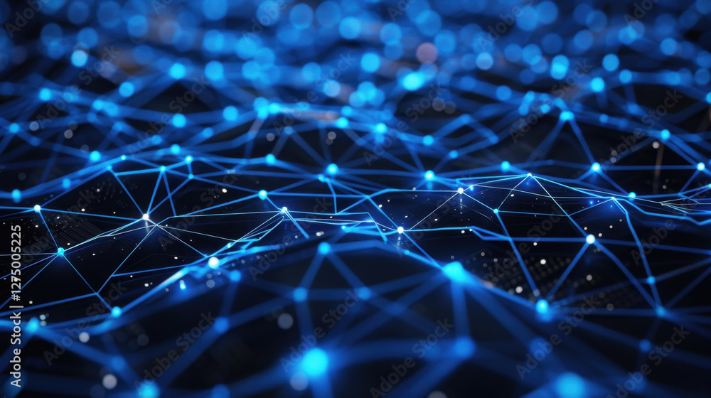 Poster digital network connections create vibrant blue web of nodes and lines, symbolizing technology and c