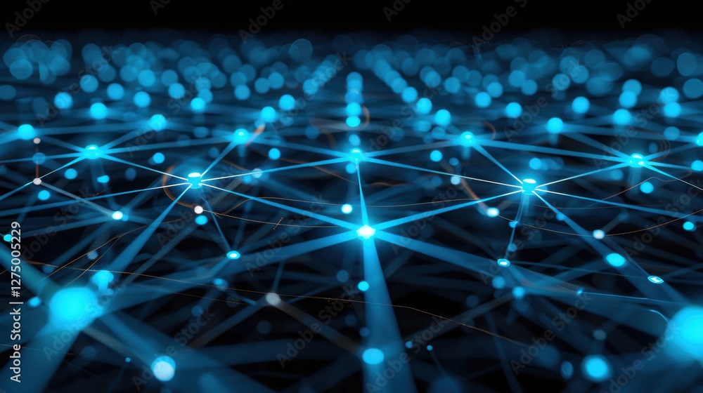 Poster digital network connections create vibrant blue web of light, symbolizing technology and communicati