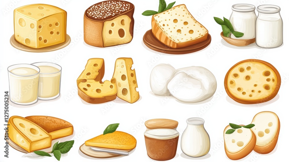 Poster various types of cheese and dairy products displayed on plates with fresh herbs in a bright setting