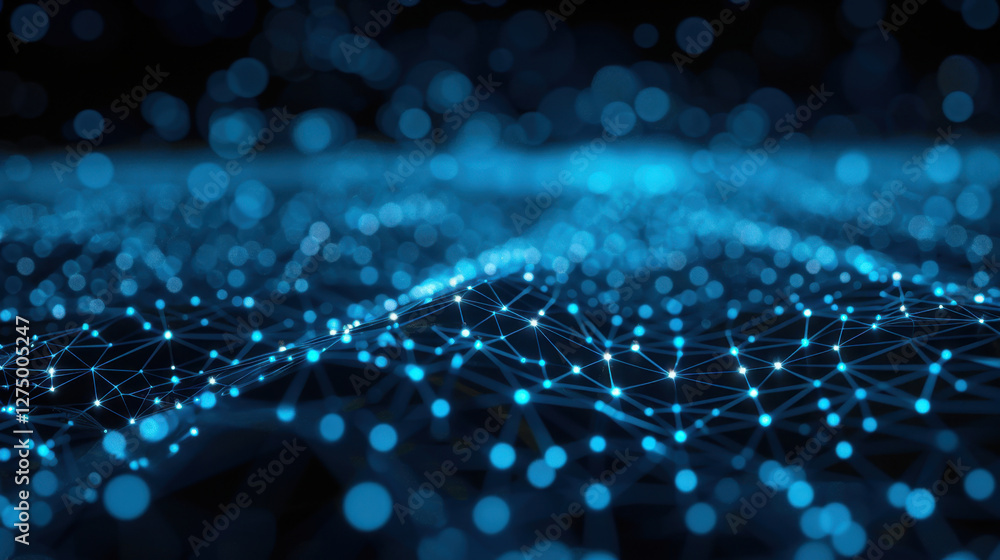 Poster mesmerizing abstract background featuring glowing blue dots and lines, creating network like structu