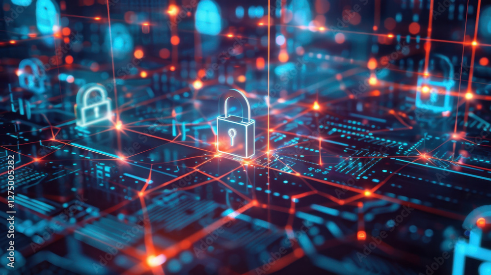 Poster digital security concept with glowing locks and circuits