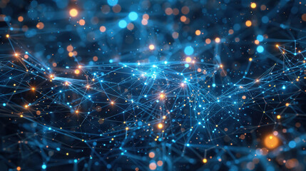 Obraz premium Abstract digital background with glowing blue and orange lights, representing connections and networks in technology. vibrant colors create sense of depth and movement