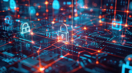 Obraz premium Digital security concept with glowing locks and circuits