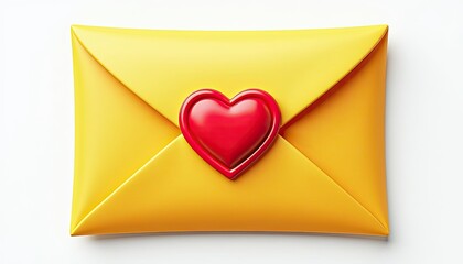 Vibrant Yellow Envelope with HeartShaped Red Seal on Whirl White Background. A yellow envelope with a red heart on it.